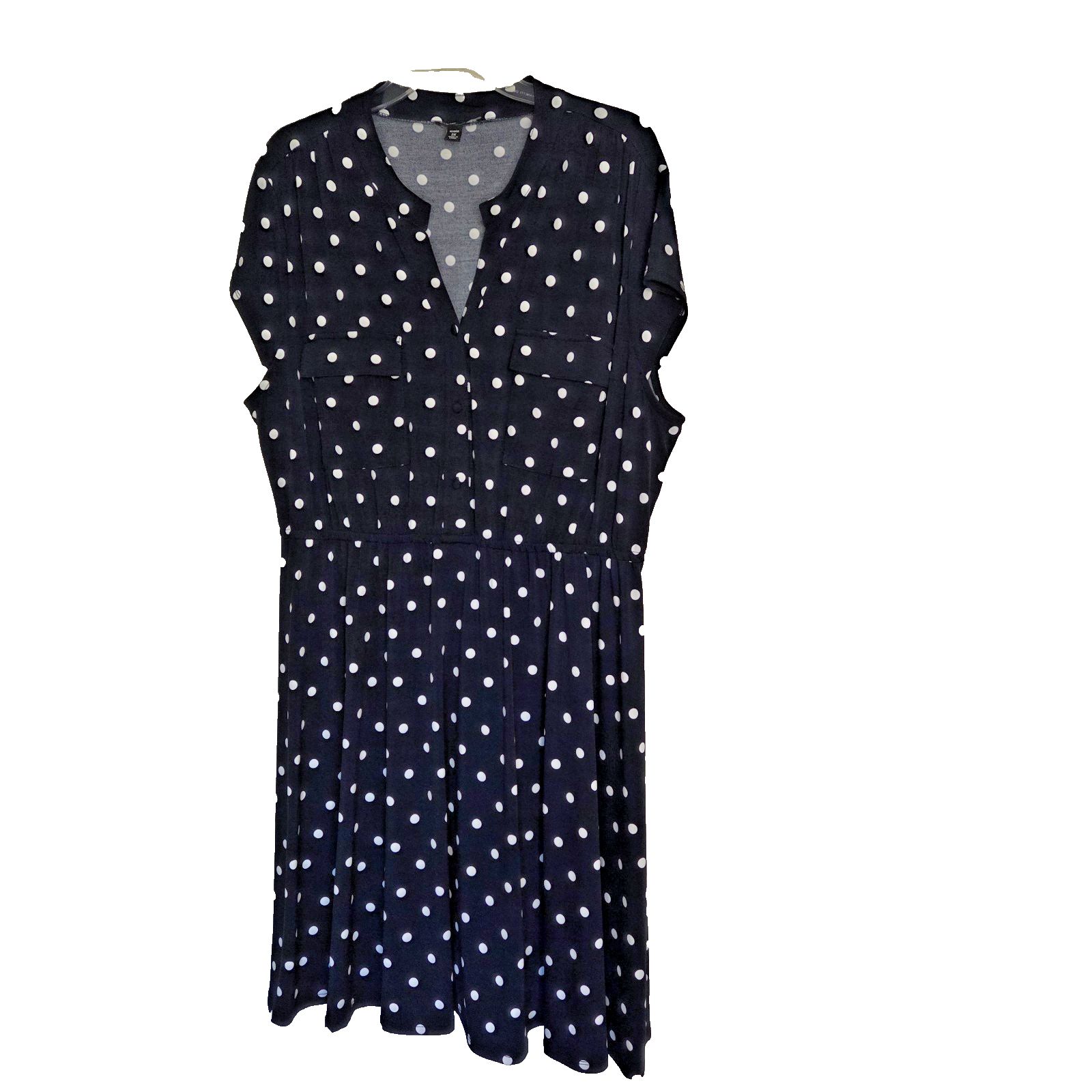Roz & Ali Womens 2x Navy White Polka Dot Dress Elastic Waist Casual Midi